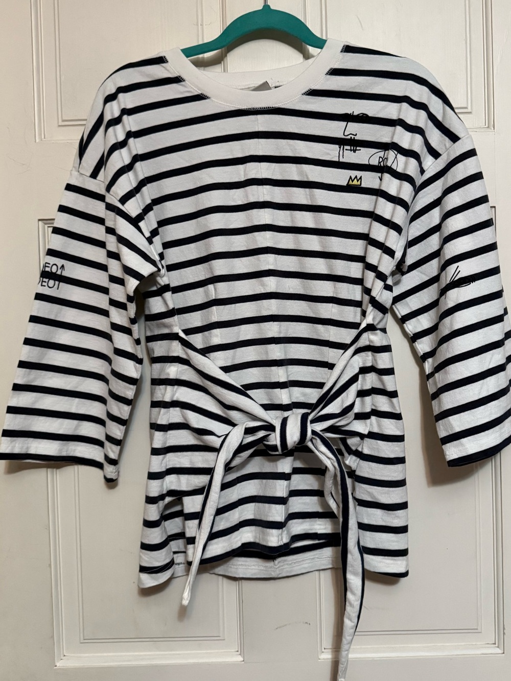 Scotch & Soda Black and White Striped Tie-Front Top w/ Cool Graphics